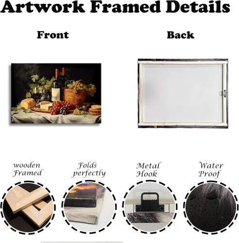 Miniatura 6 de OAAPITI Cuadros de Cocina Decoración de Pared Acuarela Vino Uva Pan Impresión en Lienzo Pinturas Abstractas de Frutas y Alimentos para Comedor Casa