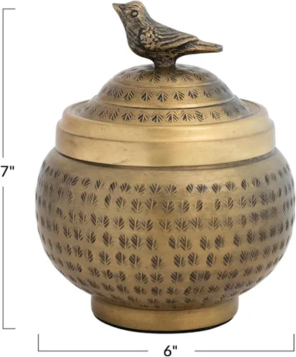 Miniatura 2 de Contenedor redondo de metal martillado con remate de pájaro, acabado de latón
