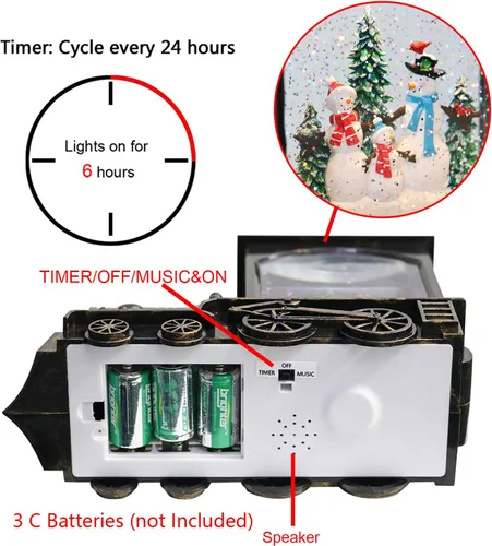 Miniatura 7 de GenSwin Linterna de globo de nieve con tren iluminado con música, nieve de agua, brillante, funciona con pilas, con temporizador, decoración musical