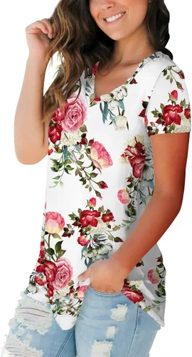 Miniatura 2 de SAMPEEL - Blusas de verano para mujer, camisetas florales de manga corta, con cuello en V