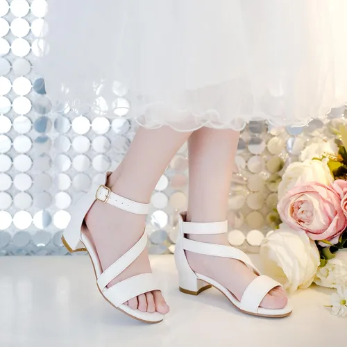 Miniatura 2 de LAURMOSA Sandalias para niñas, tacones para niños, puntera abierta, correa al tobillo, zapatos de vestir, flores para boda, fiesta para niños