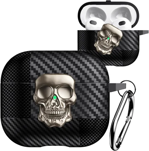 Miniatura 13 de Funda para AirPods Pro de 2ª generación, calavera con cerradura y llavero para hombres, divertida fibra de carbono de cuerpo completo, a prueba