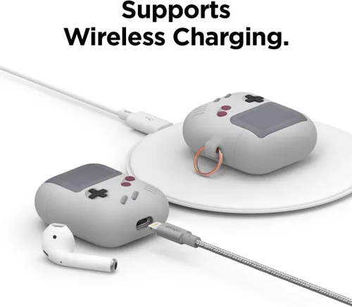 Miniatura 4 de Elago AW5 Compatible con estuche para AirPods 1 y 2, diseño de juego clásico con llavero, construcción de silicona duradera (gris claro)