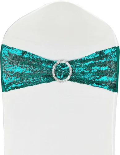 Miniatura 17 de Bandas para Sillas con Lentejuelas Elásticas Lazos de Spandex Poliéster para Fiestas Hotel Bodas Banquetes Decoración - 6 Piezas Aqua Sparkling