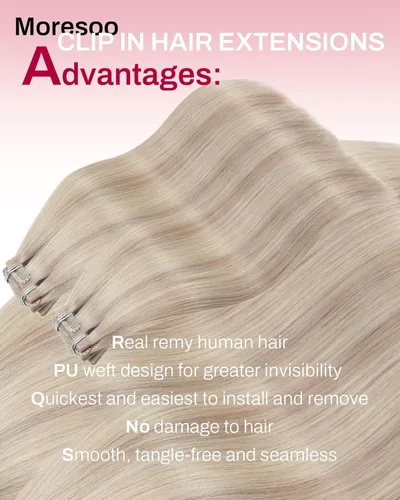 Miniatura 2 de Moresoo Extensiones de cabello humano con clip, sin costuras, color rubio ceniza con rubio, extensiones de cabello humano real con clip, de 20 #