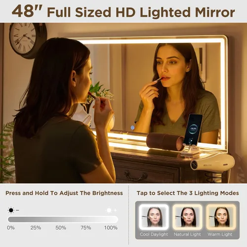 Miniatura 3 de Escritorio con espejo y luces, luces LED de 48 pulgadas, tocador de maquillaje con 8 cajones, mesa de tocador con 3 modos de color, tocador