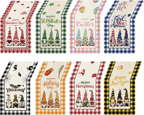 Miniatura 7 de 4 piezas de lindos gnomos con estampado de cuadros búfalo, camino de mesa de 72 pulgadas de largo, Hello Spring Hello Summer decoración de mesa