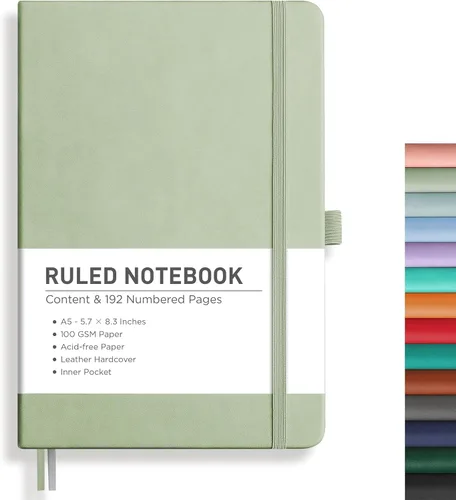 RETTACY Cuaderno rayado, 192 páginas numeradas, tamaño mediano A5 (5.7 x 8.3 pulgadas), para hombres y mujeres, diario, escritura, trabajo y Verde