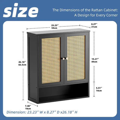 Miniatura 3 de HITNET Gabinete de baño montado en la pared, gabinete colgante de ratán, gabinete de pared de baño que ahorra espacio con 2 puertas y estantes Negro
