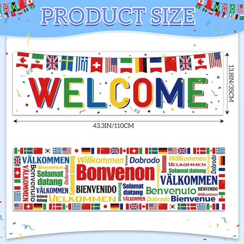 Miniatura 2 de Panelee 2 pancartas de bienvenida internacionales de 13.8 x 43.3 pulgadas, banderas del mundo de poliéster, banderas de país, decoración para Blanco