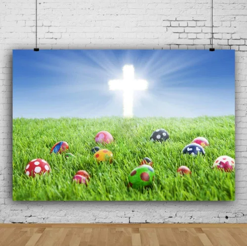 Miniatura 3 de Telón de fondo de Pascua de 5 x 3 pies para fotografía de Pascua, fondo de huevos pintados de Pascua, cruz de luz sagrada, pastizales de primavera