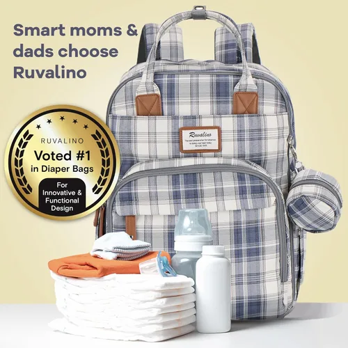 Miniatura 8 de RUVALINO Mochila para pañales, Paquete de viaje multifunción Bolsas cambiadoras para bebés de maternidad, gran capacidad, impermeable, cuadros azules