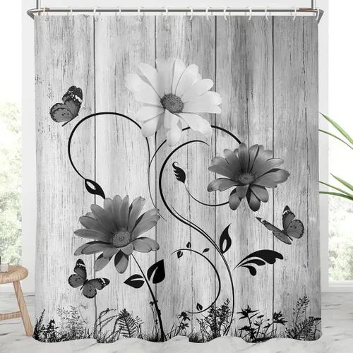 Miniatura 35 de AAtter Cortina de ducha floral azul rústica boho gris blanco amarillo margarita naturaleza negro botánico telón azul verdoso turquesa tela única