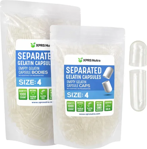 XPRS Nutra Gelatina tamaño 4 cápsulas separadas – 1000 cápsulas vacías pequeñas transparentes separadas en bolsas – Pastilleros rellenables de