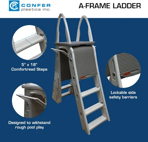 Miniatura 5 de Confer Plastics 7200 Roll Guard Escalera de Plataforma Ajustable de 48" a 56" con Marco en A de Seguridad para Piscinas Elevadas de Patio al Aire