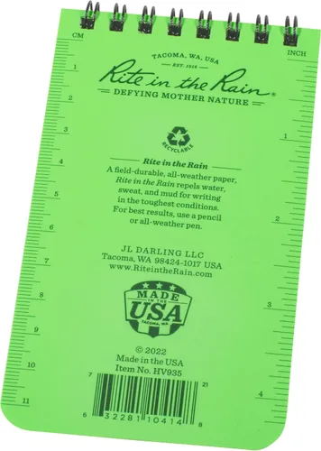 Miniatura 3 de Rite in the Rain - Cuaderno con espiral superior, 3 x 5 pulgadas, cubierta color verde fluorescente Hi-Viz, patrón de página universal, paquete de 3