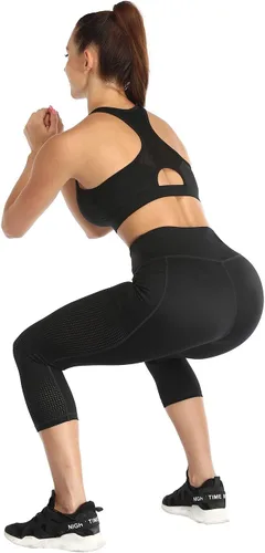 Miniatura 6 de RAYPOSE Leggings de entrenamiento para mujer con bolsillos, talla grande, para gimnasio, cintura alta, pantalones de yoga capri con corte de malla