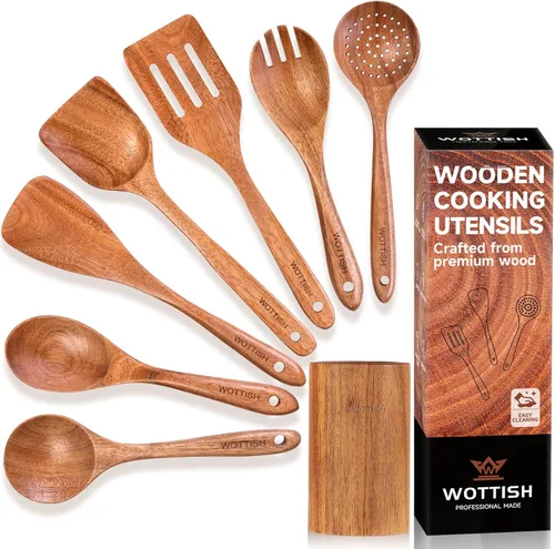 Miniatura 9 de Cucharas de madera para cocinar, juego de utensilios de cocina de madera de madera maciza natural, incluye cucharas, espátulas, cucharones, cuchara