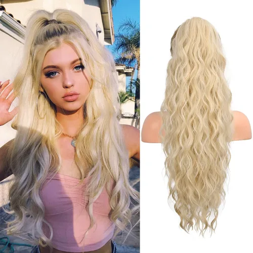 Miniatura 8 de FLUFYMOOZ Extensión de Cola de Caballo, Extensiones de Cabello de Cola de Caballo con Cordón de 26 Pulgadas para Mujeres, Postizo de Cabello