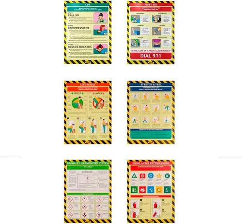 Paquete de 6 pósteres de seguridad en el lugar de trabajo - No laminado, 12 x 16 pulgadas, "asfixia", "RCP", "primeros auxilios", "levanta de forma