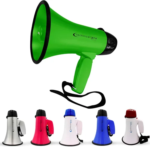 Technical Pro Megáfono de megáfono portátil ligero de 20 vatios con correa, sirena y control de volumen, bueno para entrenadores, fútbol, fútbol,