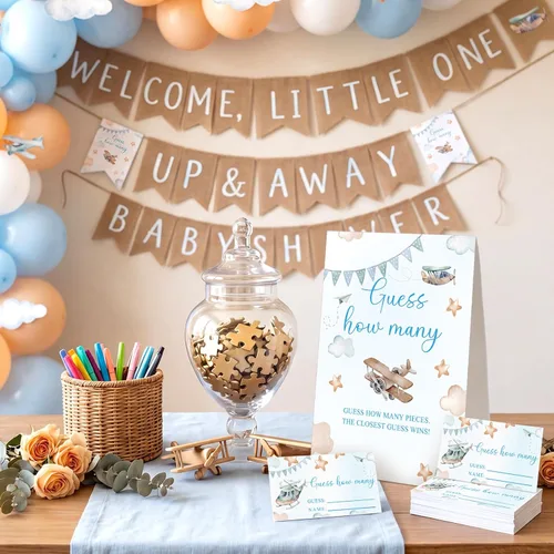 Miniatura 5 de Airplane Adventure Guess How Many Baby Shower Game Paquete de 1 letrero de mesa con soporte y 50 tarjetas de cuántas tarjetas, decoración