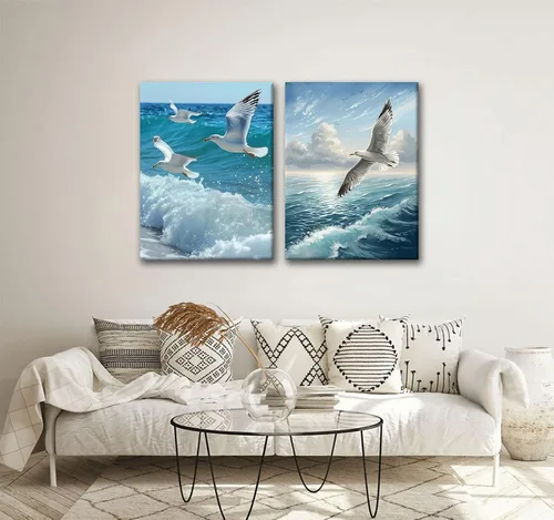 Miniatura 2 de 2 lienzos enmarcados para pared, impresiones artísticas de gaviotas volando sobre olas del océano, póster de pintura náutica costera, galería
