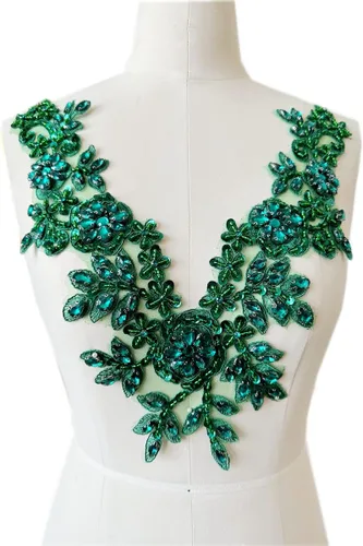 Piedras de imitación hechas a mano apliques de encaje cuentas de costura a mano Trim Parches Accesorios para vestido escote (verde profundo)