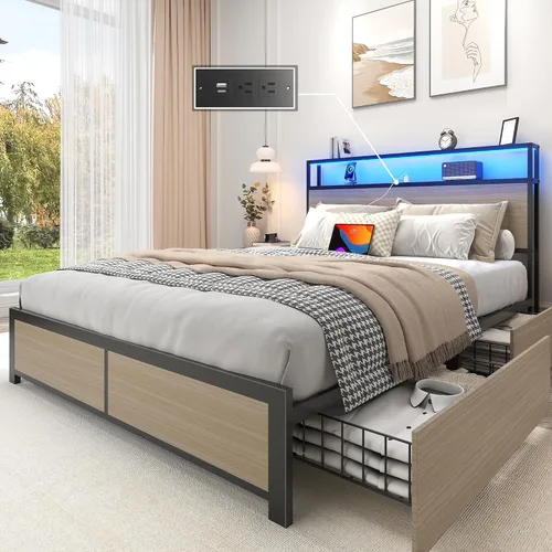 Miniatura 14 de Lifezone Estructura de Cama Full con Cabecero de Almacenamiento de 2 Niveles, Estructura de Cama de Plataforma de Metal con 4 Cajones de Marrón
