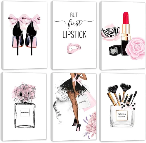 Miniatura 9 de HoozGee Juego de 6 impresiones artísticas de pared de moda, perfumes, pintalabios, pinturas de lienzo, pósteres de decoración de habitación de niñas