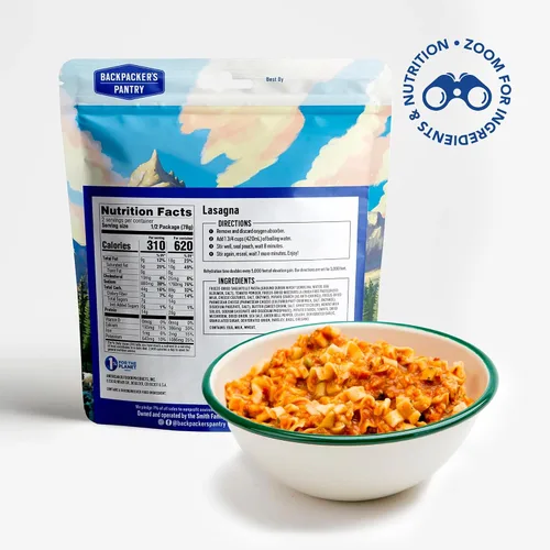 Miniatura 2 de Backpacker's Pantry - Lasaña, 2 porciones por bolsa (6 unidades), comida deshidratada, 19 gramos de proteína, vegetariana