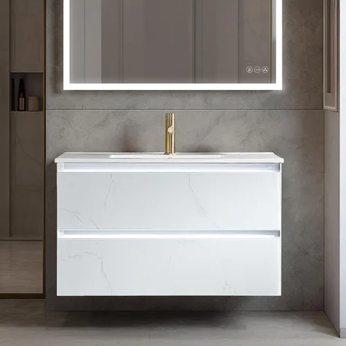 Miniatura 23 de Blossom Tocador de baño LED de 24 pulgadas – Tocador flotante montado en la pared con luces – 100% impermeable PVC de grado marino – Moderno