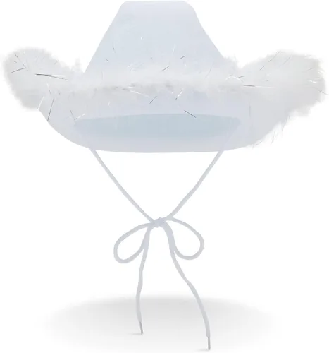 Miniatura 4 de Zodaca Sombrero de vaquero blanco para hombres y mujeres con plumas, sombrero de vaquera esponjoso de fieltro occidental para disfraz de Halloween