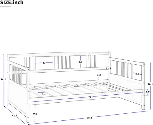 Miniatura 2 de Flieks Sofá cama de madera maciza, marco de cama de tamaño individual, sofá cama multifuncional para niños/dormitorio de invitados, no requiere