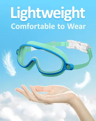 Miniatura 2 de Gafas de natación para niños, antivaho, protección UV y amplia vista & gorro de natación para niños de 3 a 15 años, niños y niñas, bebés azul y verde