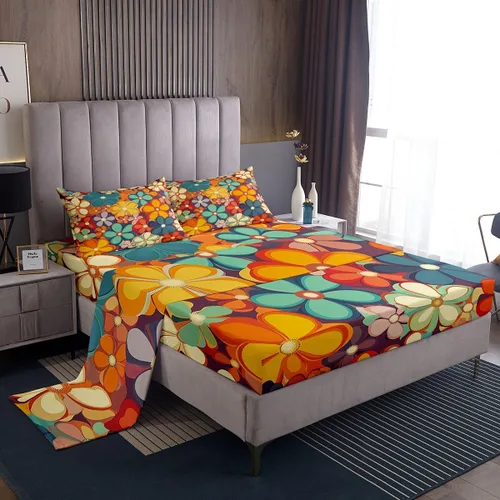 Erosebridal Groovy Flower Sábanas de Cama Fiesta de los 70s Juegos de Sábanas Tamaño Individual Sábanas Florales Arcoíris Juegos de Sábanas y Fundas