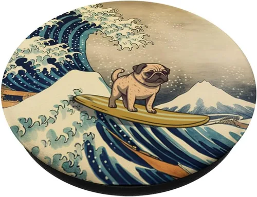 Miniatura 2 de Surfeando Pug Kanagawa Wave Perro Japonés Divertido PopSockets Intercambiables PopGrip