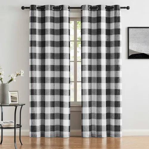 Miniatura 10 de Cortinas cortas de lino texturizado con diseño de búfalo blanco y negro a cuadros, 100% opacas con forro, paneles de estilo granja