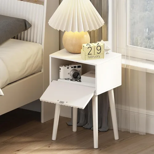 Miniatura 4 de LAATOOREE Juego de 2 mesitas de noche, mesa auxiliar pequeña, mesita de noche con puerta acanalada, pies de madera maciza; mesa auxiliar moderna