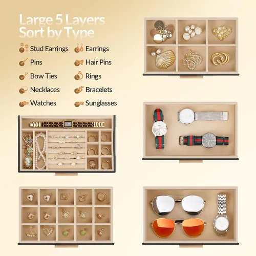 Miniatura 4 de Caja de joyería Somduy, caja de exhibición de joyería de 5 capas con tapa de vidrio para mujeres, 4 cajones, de gran capacidad para collares