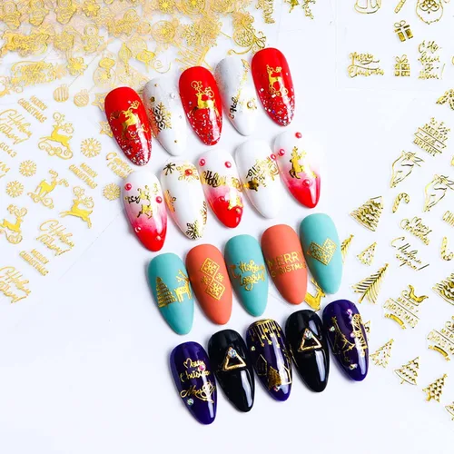 Miniatura 7 de Calcomanías de arte de uñas de Navidad, diseño de copos de nieve dorados, decoración de uñas, Papá Noel, árbol de Navidad, pan de jengibre, hombre