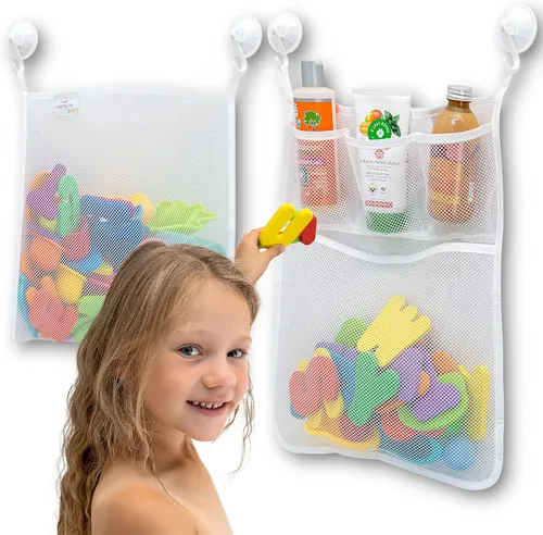 2 x Organizador de juguetes de baño con malla + 8 ganchos ultra resistentes – El soporte perfecto para juguetes en la bañera, el baño o la ducha –