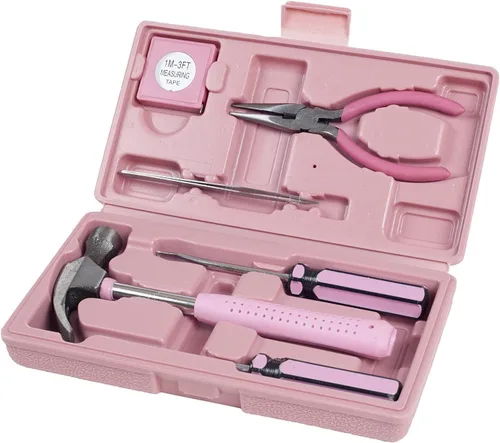 PinkTool Set, incluye martillo, juego de destornilladores, alicates (kit de herramientas para el hogar, la oficina o el coche)