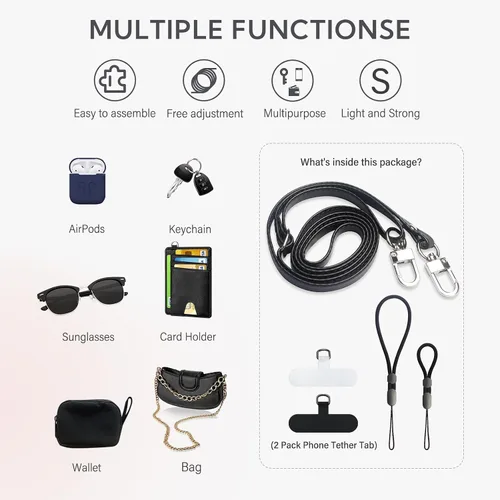 Miniatura 5 de Correa cruzada para teléfono con 2 almohadillas, cuero y correa de dedo ajustable, compatible con la mayoría de teléfonos inteligentes (negro)