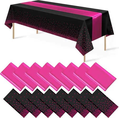 Miniatura 12 de 16 paquetes de manteles de plástico desechables y juego de camino de mesa de satén negro dorado con puntos dorados para graduación, boda