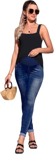 Miniatura 5 de Floerns Pantalones de mezclilla de maternidad de cintura alta con dobladillo rasgado, con bolsillo para mujer