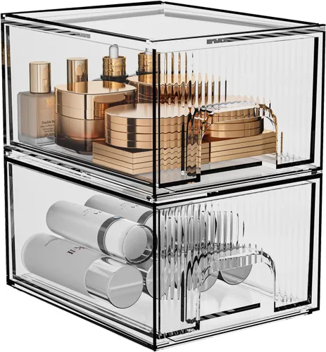 Miniatura 3 de ZHIAI Paquete de 2 organizadores de cosméticos apilables transparentes, cajón acrílico, organizador de plástico para tocador, tocador, armario