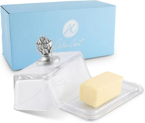 Miniatura 12 de Arthur Court Mantequillera de vidrio con tapa con perilla de bellota, diseño clásico de 2 piezas, tapa y sostiene un palo estándar de mantequilla