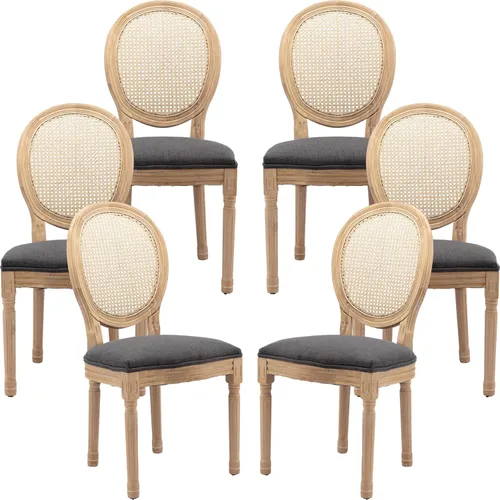 Miniatura 68 de Juego de 2 sillas de comedor de campo francés, sillas de comedor de madera de granja beige, silla de comedor con respaldo tejido con cojín tapizado