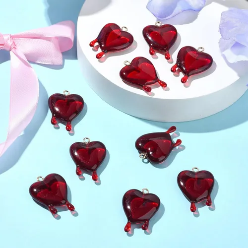 Miniatura 8 de Ipotkitt 10 dijes de corazón fundido transparente rojo con parte trasera plana, dijes de corazón de San Valentín en forma de corazón para el día